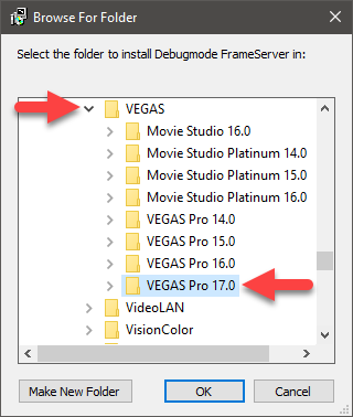 debug frameserver setup installer - selecting version of vegas you want to use